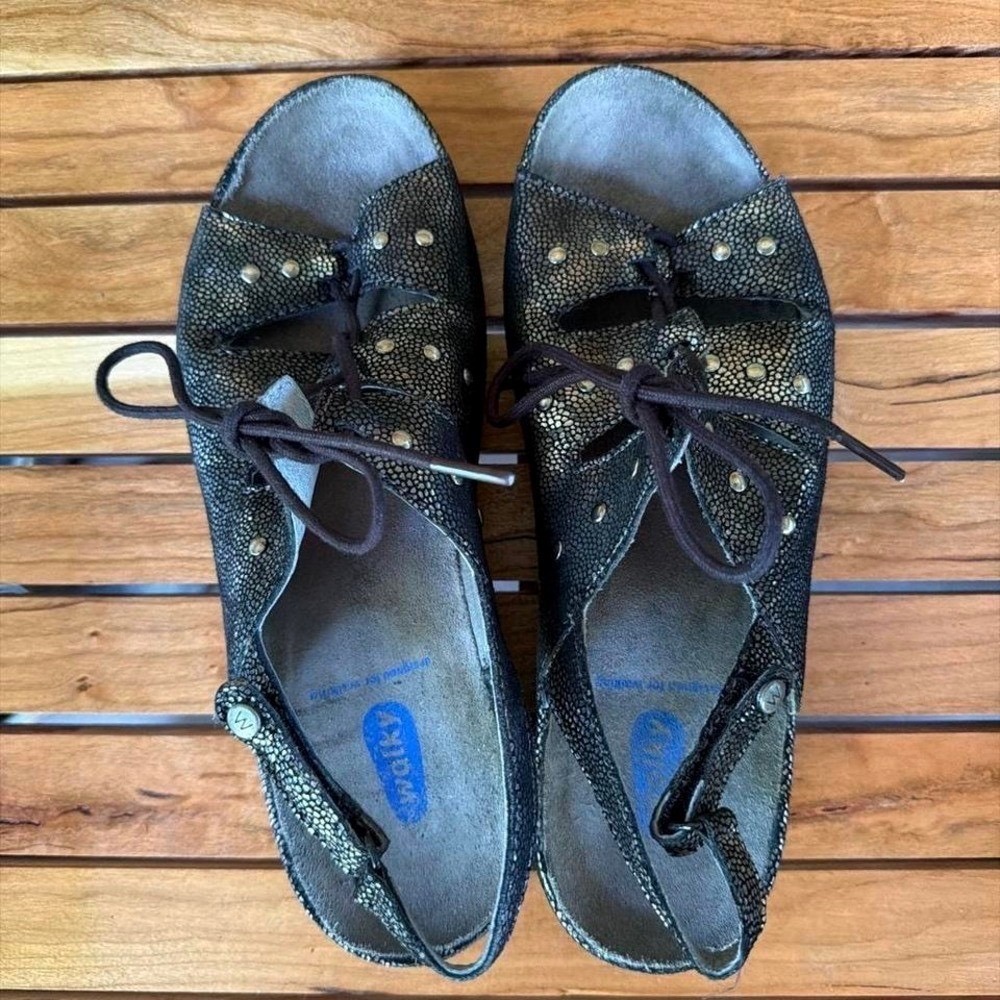 Wolky Metallic Jewel Leather Lace-Up Adjustable Strap Comfort Sandals Women EU40